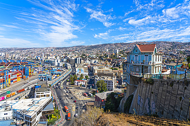 Famous blue Casa Cuatro Vientos restaurant at Paseo 21 de Mayo and city center, UNESCO, Valparaiso, Valparaiso Region, Chile, South America