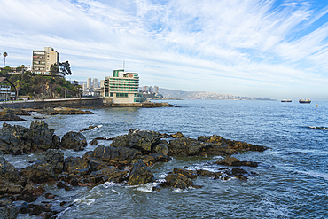 Rocky coastline with Sheraton Miramar hotel, Vina del Mar, Valparaiso Region, Chile, South America