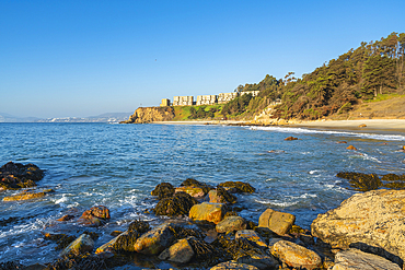 Rocks at Playa Cau Cau at sunset, Horcon, Puchuncavi, Valparaiso Province, Valparaiso Region, Chile, South America