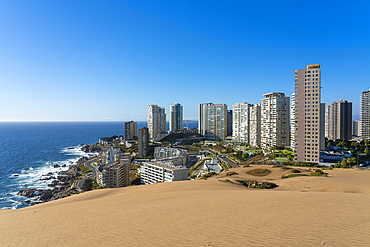 Sand dunes and residential high-rise buildings, Concon, Valparaiso Province, Valparaiso Region, Chile, South America