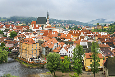 Historic center of Cesky Krumlov as seen from The Castle and Chateau, UNESCO World Heritage Site, Cesky Krumlov, South Bohemian Region, Czech Republic (Czechia), Europe