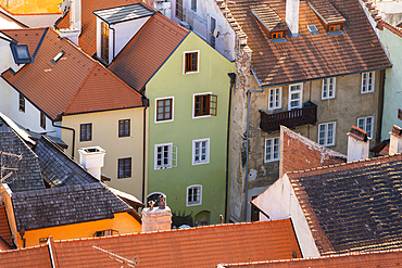 High angle view of houses in historical center of Cesky Krumlov, UNESCO World Heritage Site, Cesky Krumlov, Czech Republic (Czechia), Europe