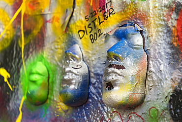 Close-up of artwork faces at John Lennon Wall, Prague, Bohemia, Czech Republic (Czechia), Europe