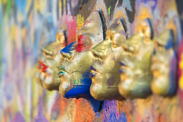 Close-up of artwork faces at John Lennon Wall, Prague, Bohemia, Czech Republic (Czechia), Europe