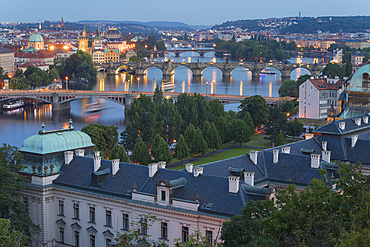 Bridges over Vltava River against sky seen from Letna Park at twilight, Prague, Bohemia, Czech Republic (Czechia), Europe