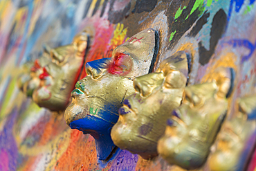 Close-up of artwork faces at John Lennon Wall, Prague, Bohemia, Czech Republic (Czechia), Europe