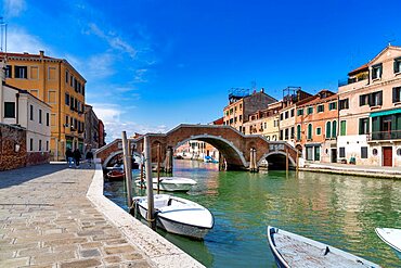 The characteristic bridge of the three arches, Sestiere Cannaregio, Venice, Veneto, Italy