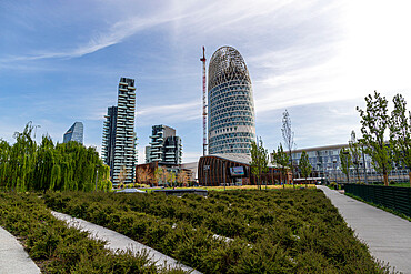 Skyscrapers and garden, Porta Nuova district, Milan, Lombardy, Italy, Europe