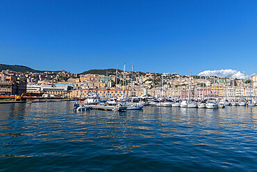 Boats moored in the ancient harbor, Genoa, Liguria, Italy, Europe