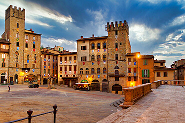 Medieval buildings in Piazza Grande, at sunset, Arezzo, Tuscany, Italy, Europe