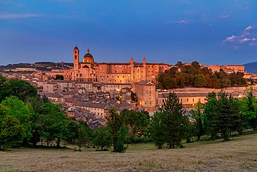 The historic center of Urbino at sunset, Palazzo Ducale di Urbino, Urbino, Italy