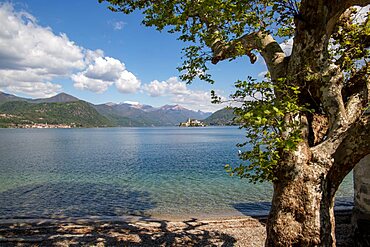 View of Lake Orta and the Island of San Giulio, Orta, Lake Orta, District of Novara, Piedmont, Italy