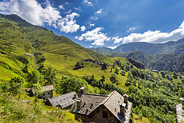 The bucolic landscape of Val Mastellone in summer, Rimella, Valsesia, Vercelli district, Piedmont, Italy, Europe