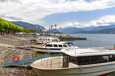 Small boats moored. Stresa, Lake Maggiore, Verbano Cusio Ossola discrict, Piedmont, Italy, Europe