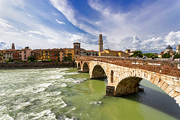 River Adige with the stone bridge Ponte Pietra, Verona, Verona district, Veneto, Italy, Europe