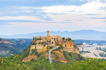 The medieval 'dying town' of Civita di Bagnoregio surrounded by ravines, Viterbo province, Tuscia, Latium, Lazio, Italy, Europe