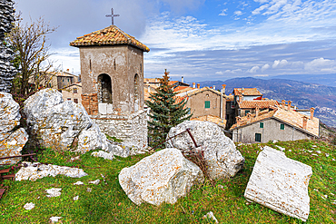 Old Italian mountain village with bell tower in the foreground, Guadagnolo, Capranica Prenestina municipality, Prenestini mountains, Rome district, Latium, Lazio, Italy, Europe