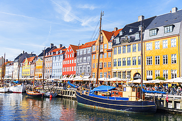 Colourful houses and wooden boats in Nyhavn harbour, Copenhagen, Denmark, Scandinavia, Europe