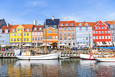 Colorful houses and moored boats in Nyhavn harbour, daytime, Copenhagen, Denmark, Scandinavia, Europe