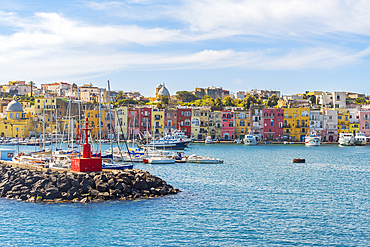 View of the harbour and colorful village of Procida, Procida island, Tyrrhenian Sea, Naples district, Naples Bay, Campania region, Italy, Europe