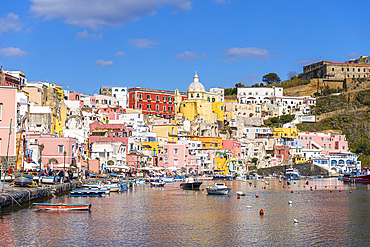 View of the famous colourful Italian fishing village of Marina Corricella, Procida island, Tyrrhenian Sea, Naples district, Naples Bay, Campania region, Italy, Europe