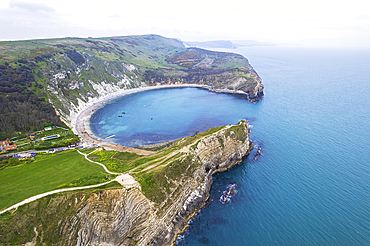 Aerial view of the bay of Lulworth Cove, Jurassic Coast, UNESCO World Heritage Site, Dorset, England, United Kingdom, Europe