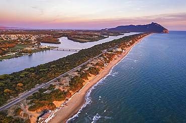 Aerial view of the lake and beach of Sabaudia with the woody mountain of Circeo in the background at dusk, Sabaudia, Tyrrhenian Sea, Latina province, Latium (Lazio), Italy, Europe