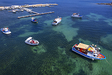 White and blue fishing boats in the water of Marzamemi harbour, Pachino municipality, Siracusa province, Sicily, Italy, Mediterranean, Europe