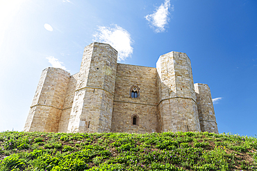 View from below of the octagonal white castle of Castel del Monte, UNESCO World Heritage Site, Apulia, Italy, Europe