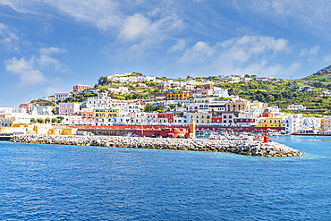 Colourful buildings surrounding the harbour of the fishing village of Ponza on a summer day, Ponza island, Pontine Islands, Latina province, Latium (Lazio), Italy, Europe