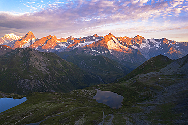 Aerial view of Fenetre lakes and the massif of Mount Blanc at sunrise, Ferret valley, Valais canton, Col du Grand-Saint-Bernard (St. Bernard mountain pass), Switzerland, Europe