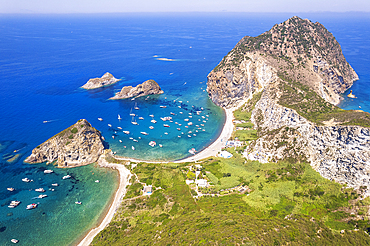 Francese bay and the rock of the Saint Silverio, aerial view, Palmarola island, Ponza municipality, Tyrrhenian Sea, Pontine archipelago, Latina Province, Latium (Lazio), Italy, Europe