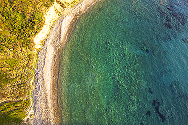 Aerial view of an empty beach on Palmarola island, Ponza municipality, Mediterranean Sea, Pontine archipelago, Latina Province, Latium (Lazio), Italy, Europe