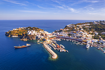 Aerial view of the blue water around the harbour of Ponza island on a sunny day, Pontine archipelago, Latina province, Tyrrhenian Sea, Latium (Lazio), Italy Europe