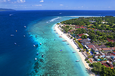 Aerial view of Gili Trawangan beach with boats anchored in the ocean, Gili Trawangan, Gili Islands archipelago, Lombok, West Nusa Tenggara, Indian Ocean, Indonesia, Southeast Asia, Asia