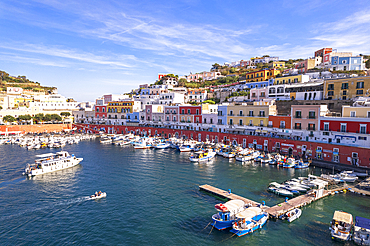 The fishing harbour of the island of Ponza with typical colorful houses on sea front, Ponza island, Pontine archipelago, Latina province, Tyrrhenian Sea, Latium (Lazio), Italy Europe