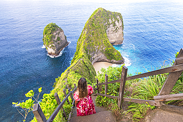 Rear view of woman admiring T-Rex cliffs at Kelingking beach, Nusa Penida, Klungkung regency, Bali, Indonesia, Southeast Asia, Asia