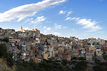 The old traditional village of Centuripe with the church on top of the hill in the afternoon, Centuripe, Enna province, Sicily, Italy, Mediterranean, Europe