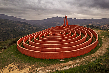 Ariadne's Labyrinth, art installation on top of a hill in the municipality of Castel del Lucio, aerial shot, Fiumara d'Arte, Nebrodi mountains, Messina province, Sicily, Italy, Mediterranean, Europe