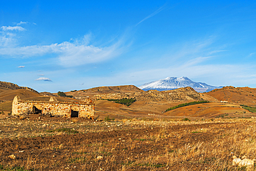 Rural landscape surrounding the volcano Mount Etna covered with snow in autumn, Etna Park, Catania province, Sicily, Italy, Mediterranean, Europe