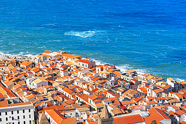 The old fishing village of Cefalu with red roofs and white houses seen from above, Palermo province, Tyrrhenian Sea, Sicily, Italy, Mediterranean, Europe