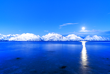 Full moon above snowy peaks in the Arctic landscape reflecting in the cold water of the fjord at dusk, Lyngen fjord, Lyngen Alps, Troms og Finnmark, Norway, Scandinavia, Europe