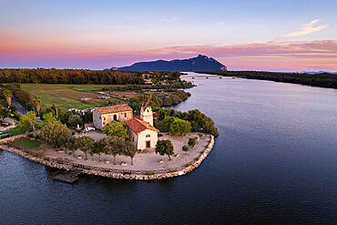 Aerial view of Sabaudia's church and lake at dawn, Circeo National Park, Pontine flats, Latine province, Latium (Lazio), Italy, Europe