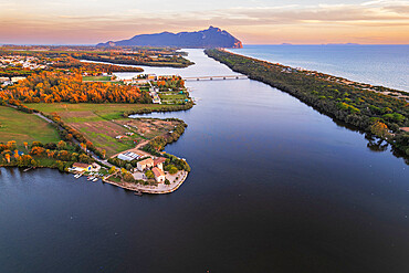 Aerial view of Sabaudia's lake and mountain, Circeo National Park, Sabaudia, Pontine flats, Latina province, Latium (Lazio), Italy, Europe