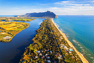 Aerial view of Sabaudia's coast and mountain, Circeo National Park, Sabaudia, Pontine flats, Latina province, Latium (Lazio), Italy, Europe