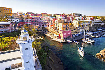 Colourful houses of Ventotene and the Roman port in sunshine, Pontine Islands, Tyrrhenian Sea, Latina province, Latzio, Italy, Europe