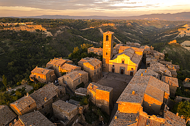 View of the historic centre of the medieval village of Civita di Bagnoregio at sunset, Viterbo province, Latium, Italy, Europe.