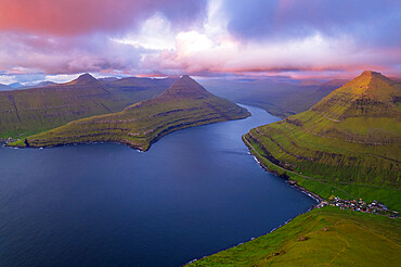 Aerial view of the fjord at sunrise, Funningur, Eysturoy island, Faroe islands, Denmark, Europe