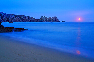 Porthcurno at dusk, moon above the horizon, Cornwall, England, United Kingdom, Europe