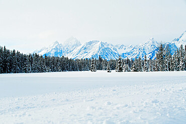 Snow covered view of the Teton Mountain Range, Grand Teton National Park, Wyoming, USA